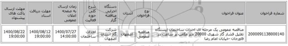 مناقصه عمومی یک مرحله ای احداث ساختمان ایستگاه تقلیل فشار گاز شهری 20000 متر مکعب بر ساعت در فاورجان -خیابان امام رضا