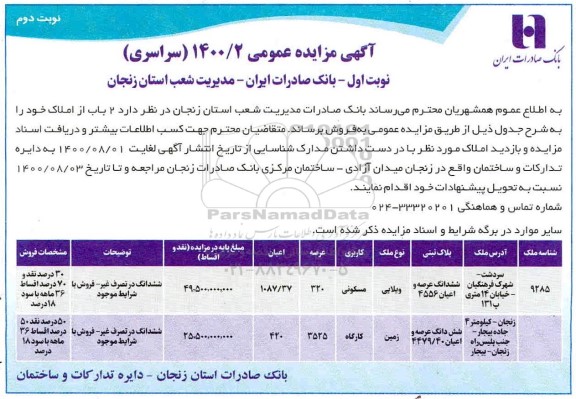 مزایده،مزایده فروش دو باب املاک مسکونی و کارگاه نوبت دوم