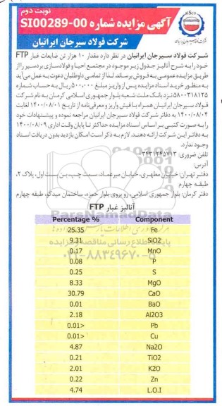مزایده، مزایده مقدار 10 هزار تن ضایعات غبار FTP - نوبت دوم
