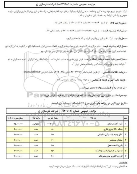 مزایده, مزایده محدود اقلام ضایعاتی شرکت