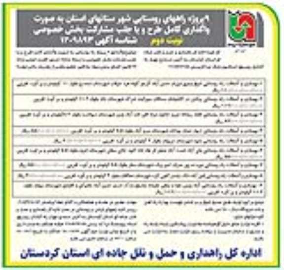 مناقصه واگذاری 9 پروژه راههای روستایی شهرستان های استان... نوبت دوم  