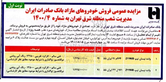 مزایده، مزایده فروش خودروهای مازاد بانک 