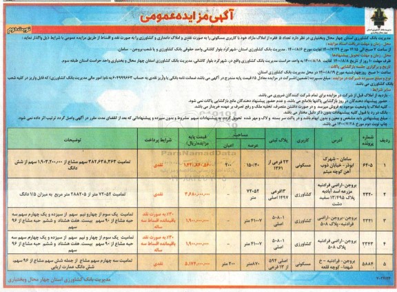 مزایده مزایده فروش 5 فقره از املاک مازاد با کاربری مسکونی نوبت دوم 