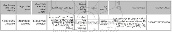 مناقصه عمومی دو مرحله ای خرید 15 دستگاه سیستم هوایی MOF در سه رنج 5/20/40 و 5/40/80 و 5/50/100 هر کدام 5 دستگاه 