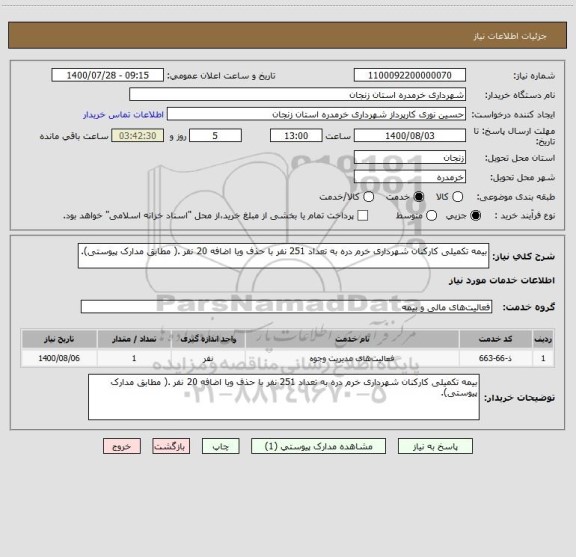 استعلام بیمه تکمیلی کارکنان شهرداری خرم دره به تعداد 251 نفر با حذف ویا اضافه 20 نفر .( مطابق مدارک پیوستی). 