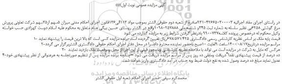 مزایده،مزایده فروش  میزان 5سهم از35سهم شرکت تعاونی پرورش مرغ گوشتی 6258