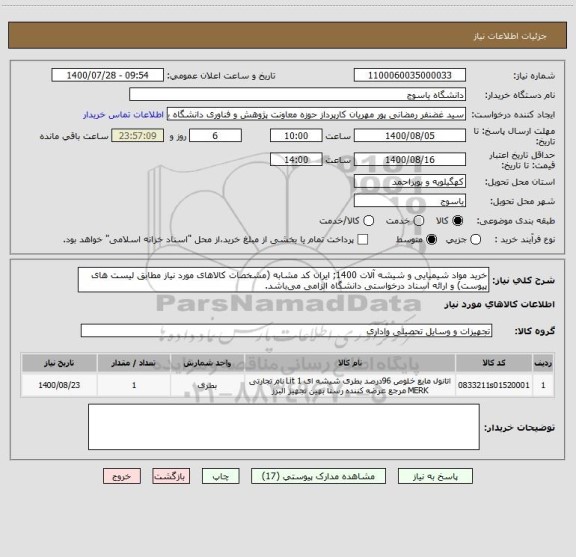 استعلام خرید مواد شیمیایی و شیشه آلات 1400; ایران کد مشابه (مشخصات کالاهای مورد نیاز مطابق لیست های پیوست) و ارائه اسناد درخواستی دانشگاه الزامی می باشد. 