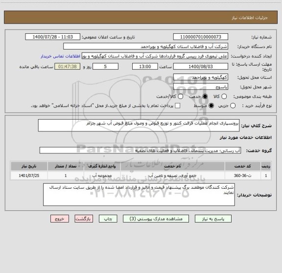 استعلام برونسپاری انجام عملیات قرائت کنتور و توزیع قبوض و وصول مبلغ قبوض آب شهر چرام  
