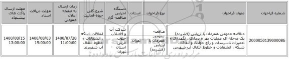 مناقصه عمومی همزمان با ارزیابی (فشرده) یک مرحله ای عملیات بهر ه برداری ، نگهداری و تعمیرات تاسیسات و رفع حوادث و اتفاقات شبکه ، انشعابات و خطوط انتقال آب شهرس