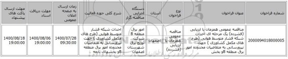 مناقصه عمومی همزمان با ارزیابی (فشرده) یک مرحله ای احداث شبکه فشار متوسط هوایی (طرح های مکمل کشاورزی ) جهت نیرورسانی به متقاضیان  محدوده امور برق منطقه 8و بخش