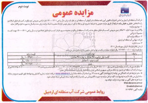 مزایده، مزایده اجاره اراضی مزروعی - نوبت دوم