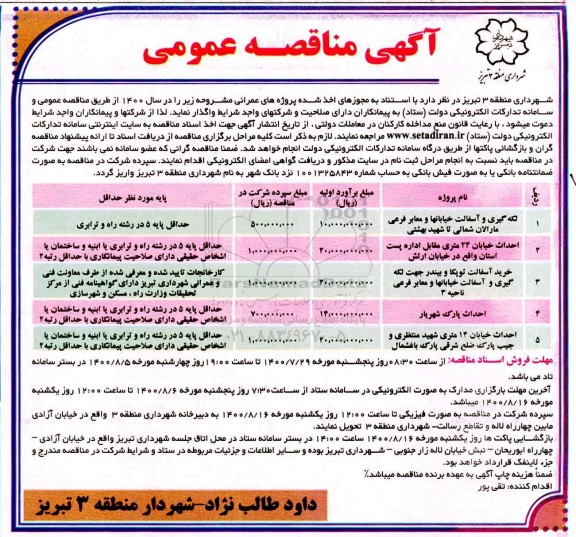 مناقصه , مناقصه لکه گیری و آسفالت خیابانها و معابر فرعی و....