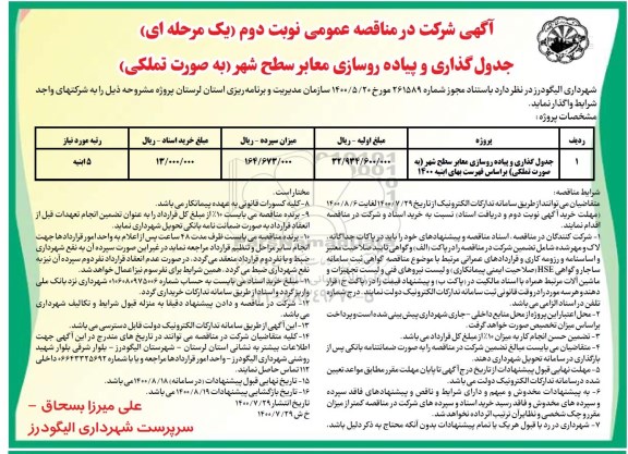 مناقصه عمومی, مناقصه جدول گذاری و پیاده روسازی معابر سطح شهر 