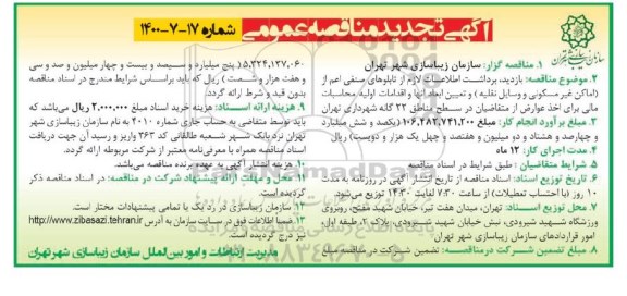 تجدید مناقصه ، تجدید مناقصه بازدید ، برداشت اطلاعات لازم از تابلوهای صنفی اعم از (اماکن غیرمسکونی و وسایل نقلیه) 