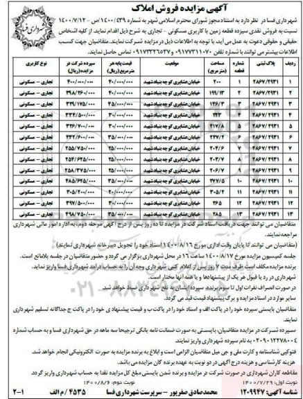 مزایده،مزایده فروش نقدی سیزده قطعه زمین با کاربری مسکونی