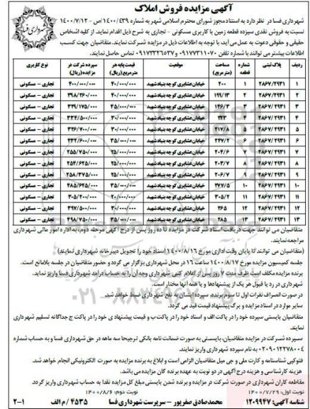 مزایده،مزایده فروش نقدی سیزده قطعه زمین با کاربری مسکونی 