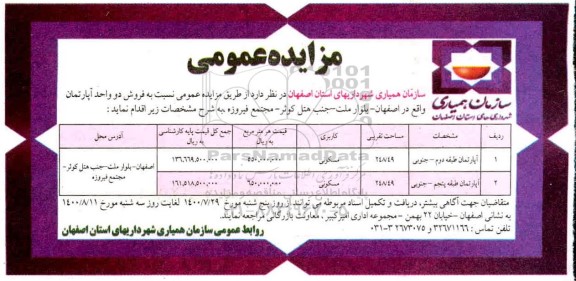 مزایده مزایده فروش دو واحد آپارتمان کاربری مسکونی