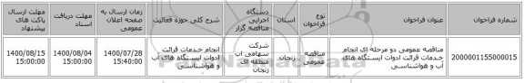 مناقصه عمومی دو مرحله ای انجام خـدمات قرائت ادوات ایسـتگاه های آب و هواشناسـی