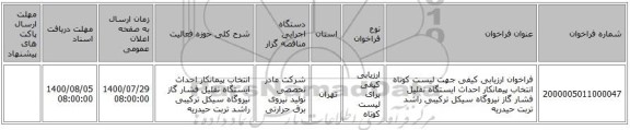 فراخوان ارزیابی کیفی جهت لیست کوتاه انتخاب پیمانکار احداث ایستگاه تقلیل فشار گاز نیروگاه سیکل ترکیبی راشد تربت حیدریه