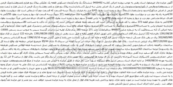 آگهی مزایده ششدانگ یک واحدآپارتمان مسکونی قطعه یک