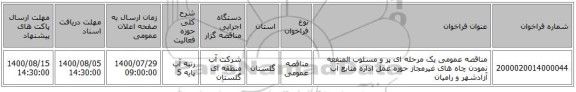 مناقصه عمومی یک مرحله ای پر و مسلوب المنفعه نمودن چاه های غیرمجاز حوزه عمل اداره منابع آب آزادشهر و رامیان