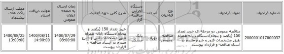 مناقصه عمومی دو مرحله ای خرید تعداد  150 (یکصد و پنجاه)دستگاه رایانه همراه طبق مشخصات فنی و شرح مندرج در اسناد مناقصه و قرارداد پیوست