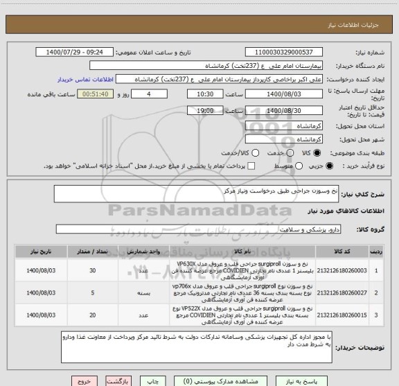 استعلام نخ وسوزن جراحی طبق درخواست ونیاز مرکز 
