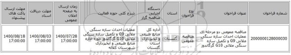 مناقصه عمومی دو مرحله ای عملیات احداث سازه سنگی ملاتی G9 و تکمیل سازه سنگی ملاتی G10 گرگاندوز