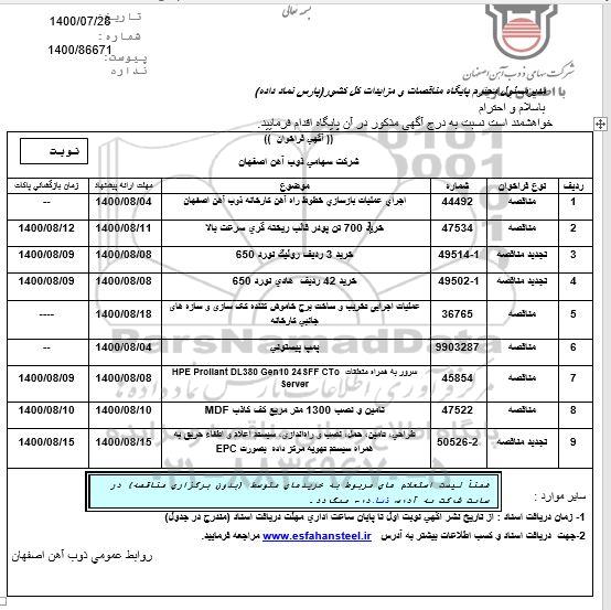 فراخوان، فراخوان اجرای عملیات بازسازی خطوط راه آهن کارخانه ...