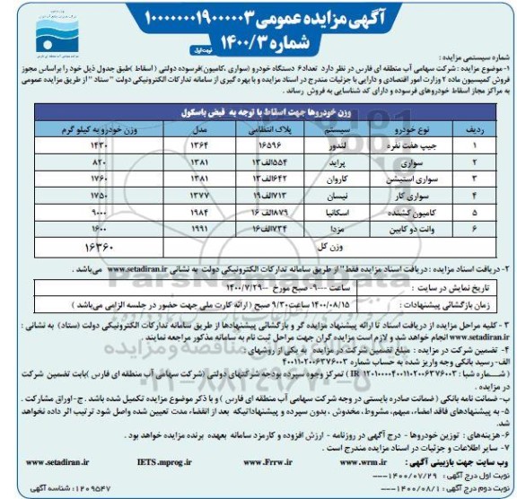 مزایده،مزایده تعداد 6 دستگاه خودرو