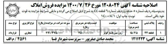 مزایده مزایده فروش نقدی مغازه و زمین با کاربری مسکونی و تجاری