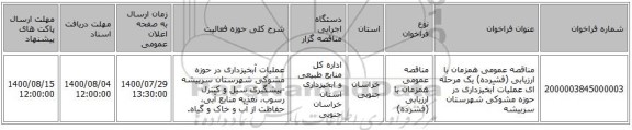 مناقصه عمومی همزمان با ارزیابی (فشرده) یک مرحله ای عملیات آبخیزداری در حوزه مشوکی شهرستان سربیشه 