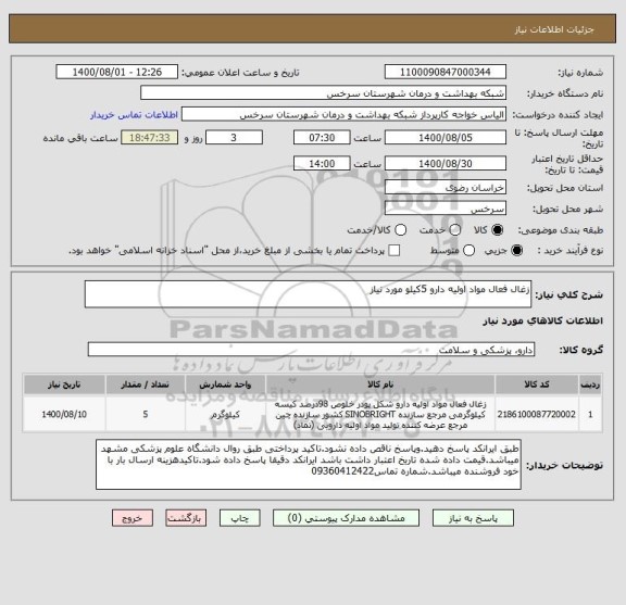 استعلام زغال فعال مواد اولیه دارو 5کیلو مورد نیاز