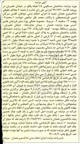 مزایده مزایده ششدانگ یکباب ساختمان مسکونی بخش دو