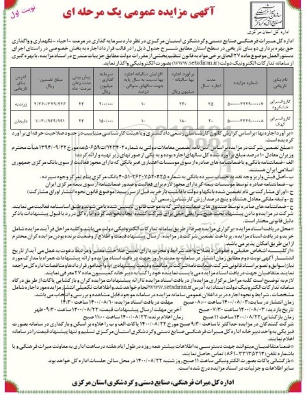 مزایده، مزایده سرمایه گذاری در مرمت و احیا نگهداری و واگذاری حق بهره برداری شش بنای تاریخی