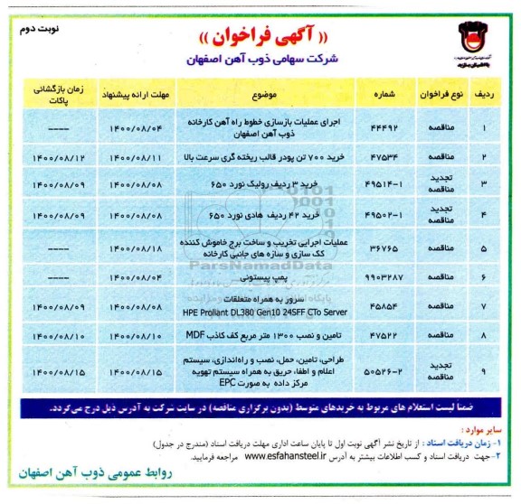 فراخوان، فراخوان اجرای عملیات بازسازی خطوط راه آهن کارخانه ...- نوبت دوم 