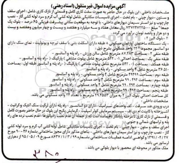مزایده مزایده یک دستگاه ساختمان آپارتمان 