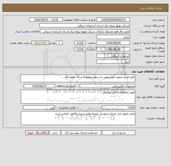 استعلام کابل فشار ضعیف آلومینیومی به سطح مقطع 3 در 70 بعلاوه 35
