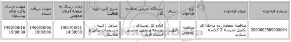 مناقصه عمومی دو مرحله ای تکمیل مدرسه 3 کلاسه شنازند