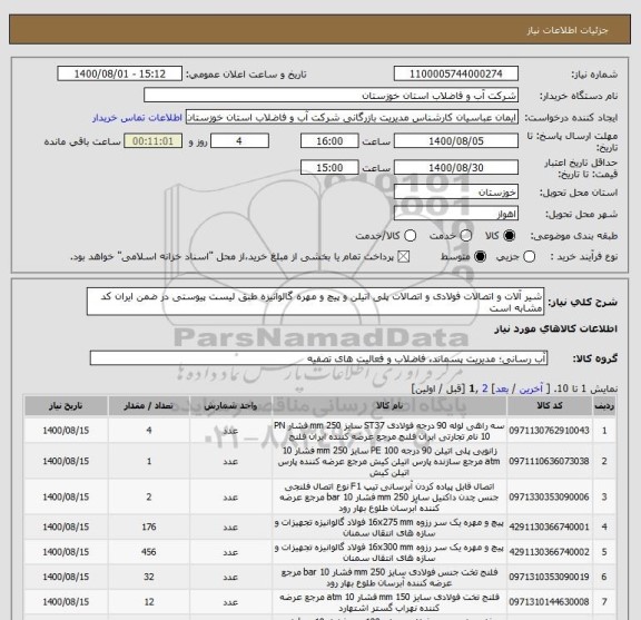 استعلام شیر آلات و اتصالات فولادی و اتصالات پلی اتیلن و پیچ و مهره گالوانیزه طبق لیست پیوستی در ضمن ایران کد مشابه است