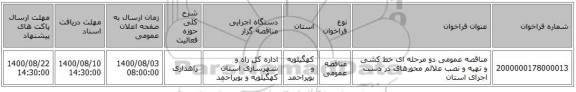 مناقصه عمومی دو مرحله ای خط کشی و تهیه و نصب علائم محورهای در دست اجرای استان 