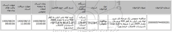 مناقصه عمومی یک مرحله ای خرید  لوله پلی اتیلن به قطر 400 م م  به مقدار 2004 متر ( مربوط به طرح ایجاد تاسیسات فاضلاب خرمشهر)
