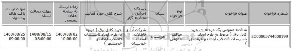 مناقصه عمومی یک مرحله ای خرید  کابل برق ( مربوط به طرح ایجاد تاسیسات فاضلاب آبادان و خرمشهر )