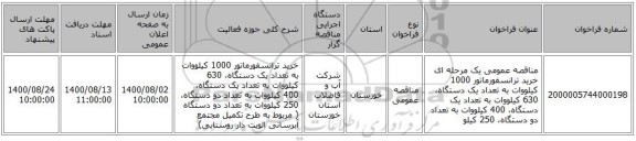 مناقصه عمومی یک مرحله ای خرید ترانسفورماتور 1000 کیلووات به تعداد یک دستگاه، 630 کیلووات به تعداد یک دستگاه، 400 کیلووات به تعداد  دو دستگاه، 250 کیلو