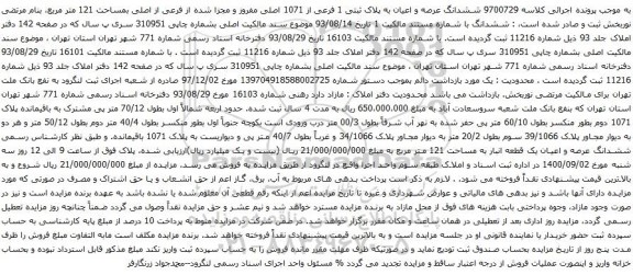 آگهی مزایده ششدانگ عرصه و اعیان به پلاک ثبتی 1 فرعی از 1071 اصلی مفروز