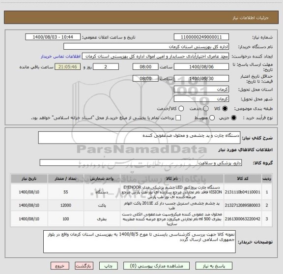 استعلام دستگاه چارت و پد چشمی و محلول ضدعفونی کننده
