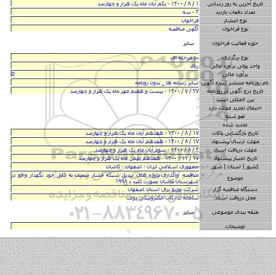 مناقصه واگذاری  پروژه های تبدیل شبکه فشار ضعیف به کابل خود نگهدار واقع در شهرستان کاشان بصورت کلید د ۱۹۹۸