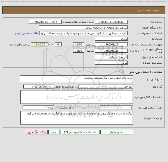 استعلام خرید لوازم ایمنی طبق برگ پیشنهاد پیوستی 