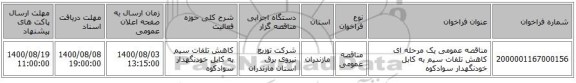 مناقصه عمومی یک مرحله ای کاهش تلفات سیم به کابل  خودنگهدار	سوادکوه