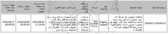 مناقصه عمومی یک مرحله ای خرید تجهیزات شامل برج، سیم هادی و محافظ، یراق آلات، مقره و عملیات اجرایی احداث کامل تغییر مسیر خط 63 کیلوولت فارسان- کوهرنگ (